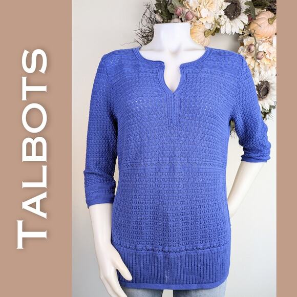 Talbots Sweaters - Talbots Tunic Sweater Large Blue Open Weave 3/4 Sleeve Split V-Neck Relaxed